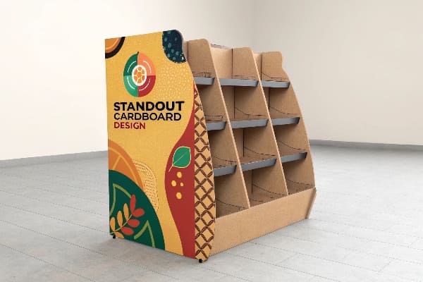 Cardboard display stand with colorful design and multiple shelves