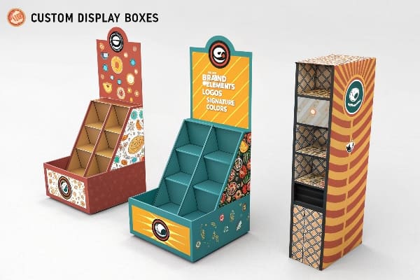 Custom display boxes with colorful designs for branding and product presentation.