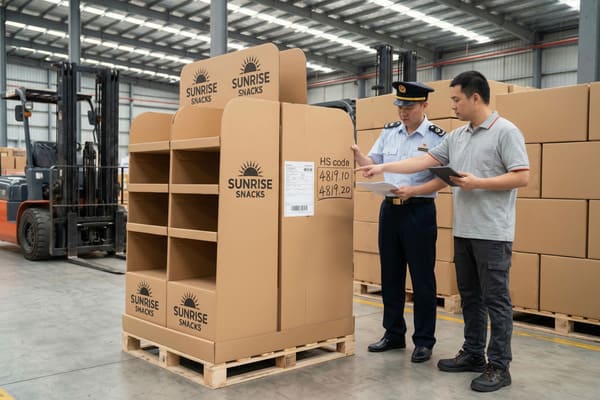 Customs officer and warehouse manager inspecting Harmonized System (HS) codes on a 'Sunrise Snacks' cardboard display unit in a logistics warehouse. The brown corrugated cardboard point-of-sale display, ready for shipment on a wooden pallet, features the 'Sunrise Snacks' logo. In the background, a forklift and stacks of inventory boxes highlight the bustling industrial environment, emphasizing efficient supply chain and export compliance.