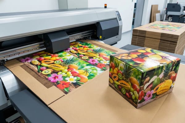 A large format industrial printer producing vibrant, full-color tropical fruit designs onto corrugated cardboard sheets for custom packaging. The image shows the printing process in action, with a partially printed sheet featuring pineapples, papayas, kiwis, grapes, and various flowers, alongside a fully assembled fruit-themed box. In the background, a stack of unprinted cardboard sheets awaits processing, highlighting the efficiency of modern packaging production.