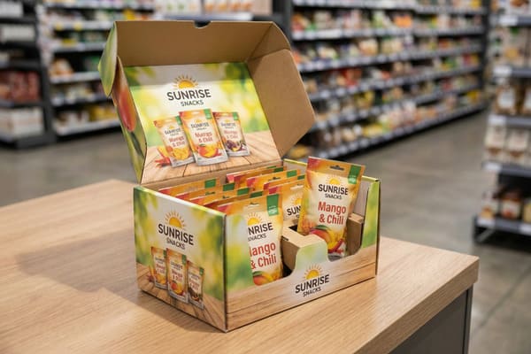 A retail display box for Sunrise Snacks Mango & Chili, filled with numerous individual pouches, sits on a light wooden countertop in a supermarket aisle. The cardboard box features vibrant graphics of mangoes and chili peppers, with the brand logo 'Sunrise Snacks' prominently displayed. Blurred shelves of other products are visible in the background.