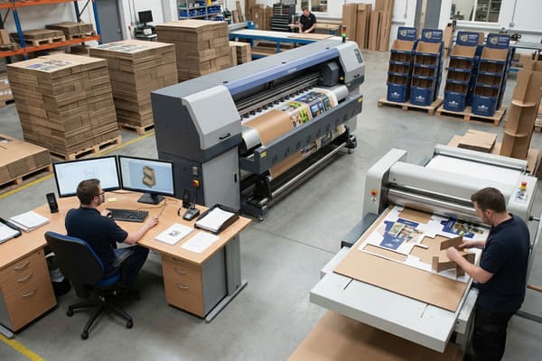 A bustling packaging production facility showcases the entire process from design to assembly. A large format digital printer is actively printing colorful graphics onto a roll of brown cardboard. In the foreground, a designer uses dual monitors to create 3D models of custom packaging. Nearby, a technician meticulously assembles a newly printed and die-cut cardboard box. Pallets stacked with flat cardboard sheets, both raw and printed, and finished blue retail display units are visible throughout the spacious industrial workshop, highlighting custom cardboard packaging manufacturing.
