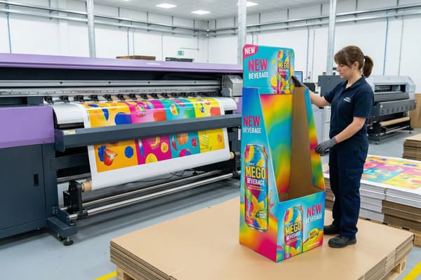 A woman in a dark blue uniform and grey gloves assembles a vibrant, multi-tiered point-of-sale display stand for 'NEW MEGO BEVERAGE' in a modern printing facility. In the background, a large purple industrial printer is actively producing more colorful sheets featuring the same beverage branding, demonstrating the wide-format printing process for retail promotional materials and custom cardboard displays.