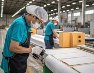 A worker wearing a hairnet, mask, and gloves is inspecting materials on a conveyor belt in a factory. Another worker is visible in the background, also wearing safety gear. The workspace has large rolls of material and cardboard boxes.