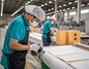 A worker wearing a hairnet, mask, and gloves is inspecting materials on a conveyor belt in a factory. Another worker is visible in the background, also wearing safety gear. The workspace has large rolls of material and cardboard boxes.