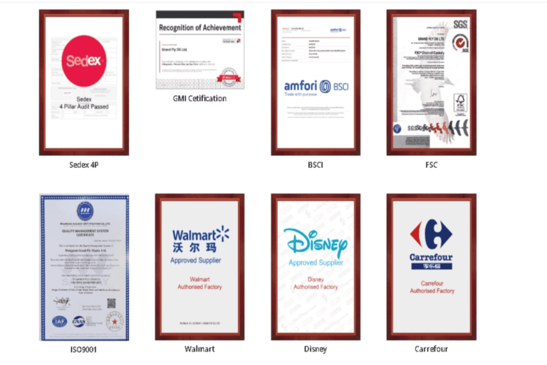 A collection of framed certificates displayed in a grid. The certificates include Sedex 4P, GMI Certification, BSCI, FSC, ISO9001, Walmart, Disney, and Carrefour, indicating various industry recognitions and approvals.