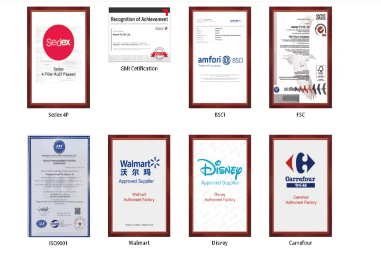 A collection of framed certificates displayed in a grid. The certificates include Sedex 4P, GMI Certification, BSCI, FSC, ISO9001, Walmart, Disney, and Carrefour, indicating various industry recognitions and approvals.
