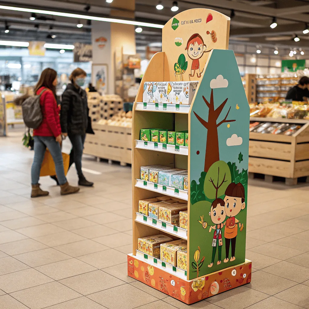 A colorful cardboard display stand in a store, featuring animated characters of a boy and a girl surrounded by nature illustrations. The stand holds various packaged products and is positioned in the store aisle with customers walking by in the background.