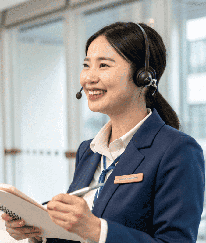 A smiling woman wearing a headset and a blue business suit, standing at a reception desk. She holds a notepad and pen while standing near a computer, with a bright, modern office background.
