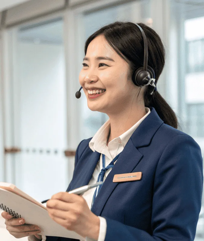 A smiling woman wearing a headset and a blue business suit, standing at a reception desk. She holds a notepad and pen while standing near a computer, with a bright, modern office background.