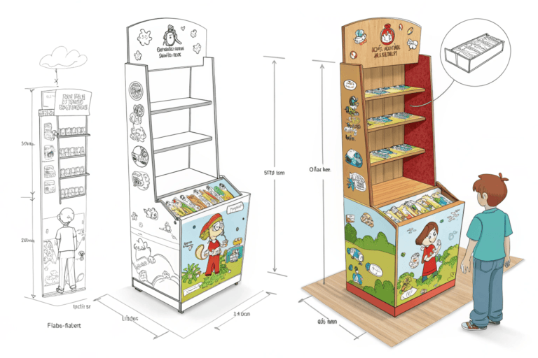 An illustration showing a cardboard display stand design for a product, featuring a whimsical cartoon style. The design includes three shelves for product placement and decorative illustrations of characters and elements on the display stand. The image includes two views: a front design and a side view with dimensions.
