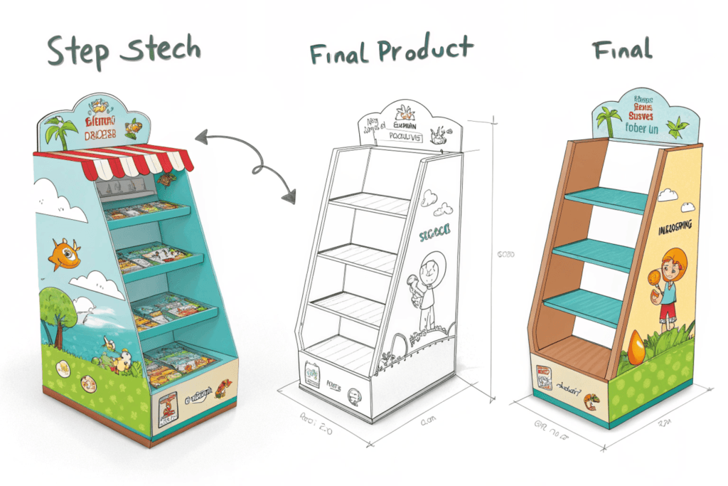 Illustration montrant le processus de conception d'un support d'affichage en carton. L'image comprend trois étapes: l'esquisse initiale avec des contours simples, le produit final avec des couleurs vibrantes et des illustrations de caractères, et un rendu final montrant les détails de conception avec des étiquettes et des dimensions.
