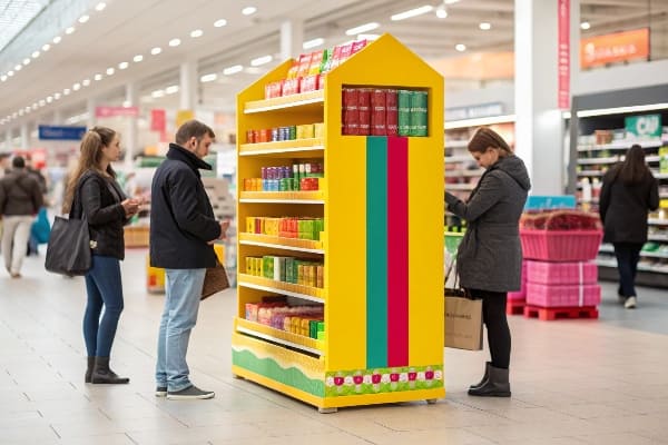Rack de visualización de productos de colores brillantes