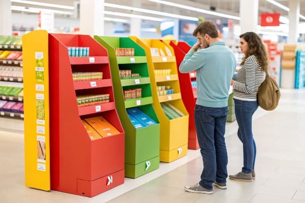 bastidores de productos multicolores