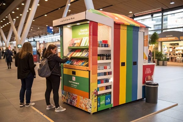 空港にあるカラフルな段ボール商品ディスプレイ