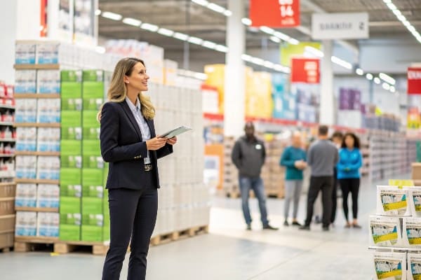 Empresária em armazém