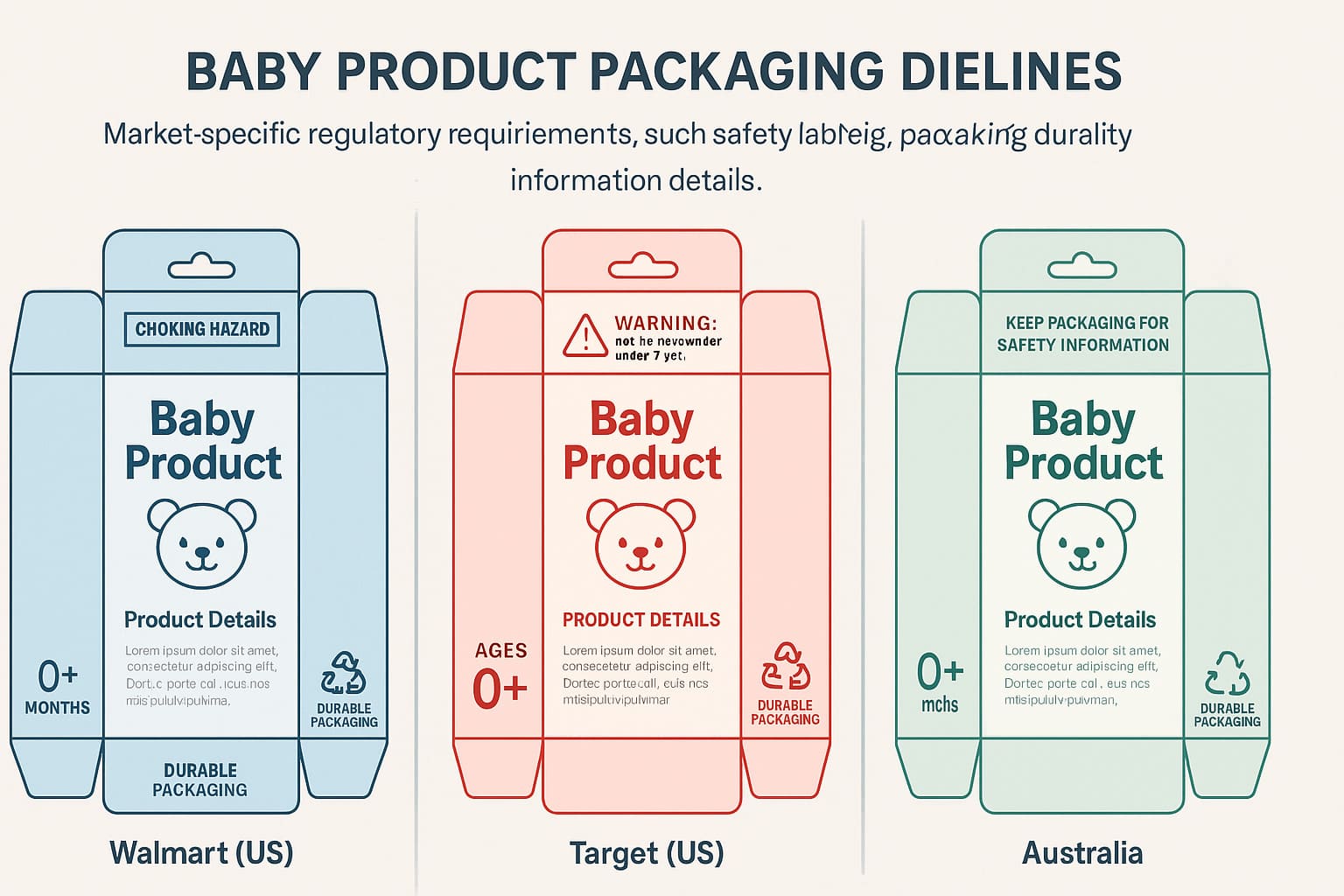 Dielines de embalagem de produtos para bebês para Walmart, Target e Austrália, mostrando diferentes rótulos de segurança e layouts de design