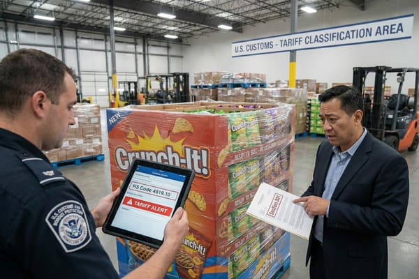 A U.S. Customs and Border Protection officer, in a dark blue uniform with a visible CBP shoulder patch, intently examines a tablet displaying 'HS Code 4819.10' and a prominent 'TARIFF ALERT' in red. He is positioned in a brightly lit warehouse, facing a concerned businessman in a dark pinstripe suit who points to a document marked 'Section 301'. Between them, a large, retail-ready corrugated display box of 'Crunch-It!' snack products, shrink-wrapped, stands on a pallet. Overhead, a sign clearly labels the area as 'U.S. CUSTOMS - TARIFF CLASSIFICATION AREA', with numerous stacked pallets of merchandise and industrial forklifts in the background, emphasizing a critical trade compliance and import duty assessment scenario.