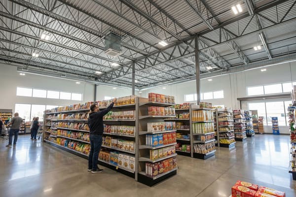 A man in a black hoodie and jeans reaches for a box of cereal on a tall, grey shelf in a brightly lit, modern grocery store. The aisle is packed with various packaged food items including chips, snacks, and multiple brands of cereal. In the background, other shoppers are visible near more aisles. The store features a high ceiling with exposed metal trusses, industrial ductwork, and rectangular LED lights, complemented by natural light streaming through large horizontal windows.