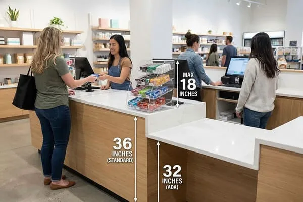 A retail store checkout counter demonstrating standard 36-inch and ADA-compliant 32-inch heights. A customer in a green shirt and jeans hands a card to a smiling cashier in a blue apron at the 36-inch counter, which also features a display of products with a maximum height of 18 inches. Another customer stands at the lower 32-inch counter, and more shoppers browse in the background of the modern, well-lit store.