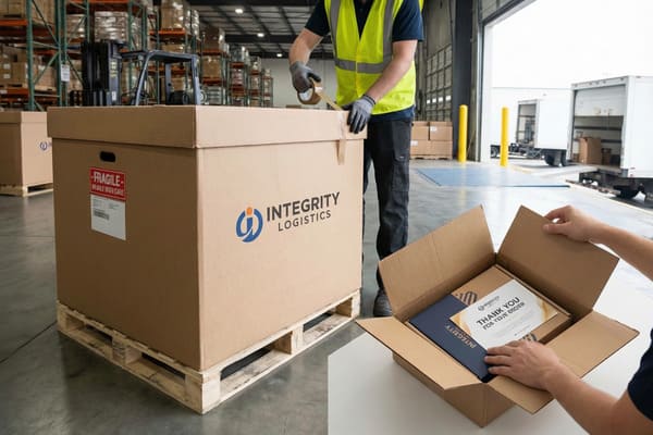A logistics professional, wearing a high-visibility vest and gloves, meticulously seals a large 'Integrity Logistics' branded cardboard shipping box on a wooden pallet within a bustling warehouse environment. Simultaneously, a customer or recipient opens a smaller package, revealing a 'Thank You for Your Order' card and branded materials, emphasizing attention to detail and customer satisfaction in order fulfillment. The background features warehouse shelving, a forklift, and an open loading dock with trucks, illustrating comprehensive logistics and efficient shipping operations.
