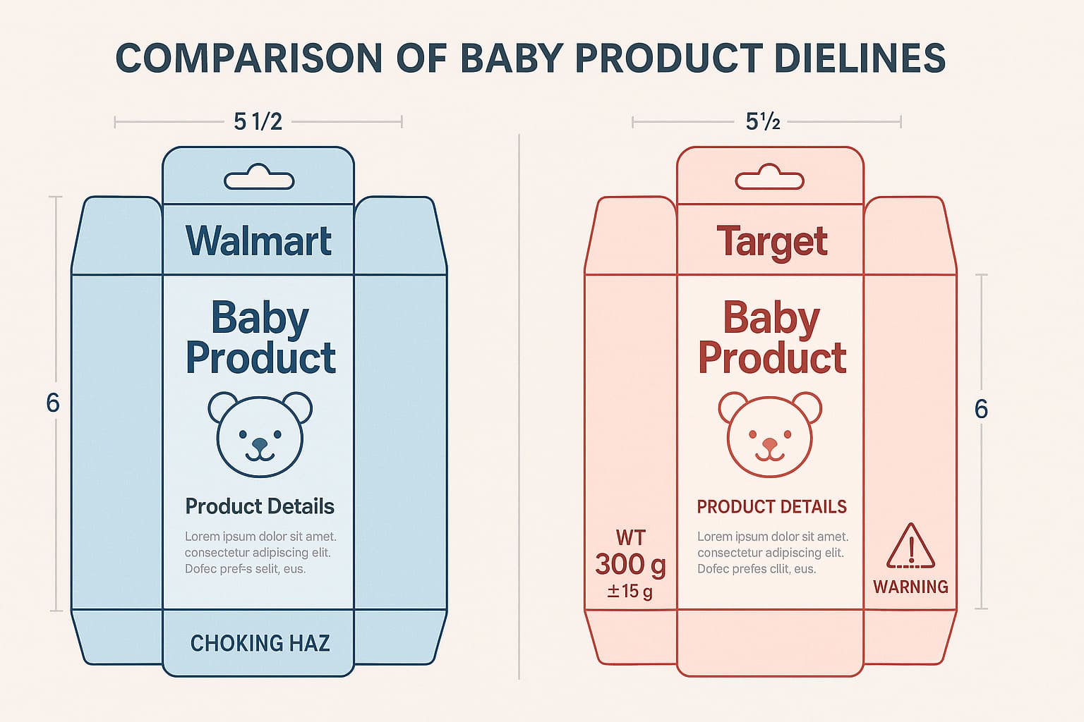 Comparação lado a lado dos dielines de produtos para bebês do Walmart e Target com Tamanho e Diferenças de Rótulo de Aviso