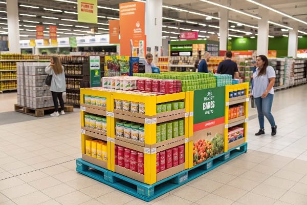 Exhibición de comestibles con alimentos