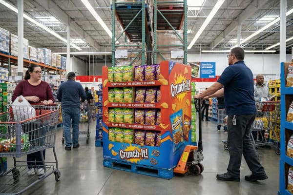 A male retail worker, wearing a blue polo shirt and dark pants, operates an orange pallet jack to reposition a prominent, multi-tiered 'Crunch-It!' snack food display, showcasing various bags of chips and pretzels, on a blue wooden pallet within a large, brightly lit warehouse-style bulk grocery store. A female customer with glasses and a maroon shirt pushes a metal shopping cart in the left foreground, while other shoppers and tall industrial shelving units filled with packaged goods are visible in the background, emphasizing the busy retail environment.