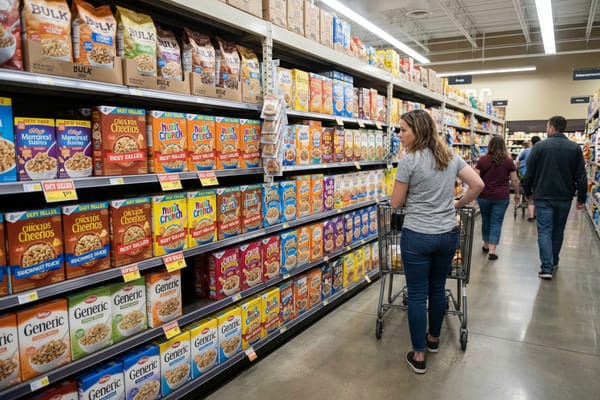 A woman with long brown hair, wearing a grey t-shirt and blue jeans, pushes a shopping cart while browsing the brightly lit cereal aisle of a grocery store. The shelves are fully stocked with numerous brands of breakfast cereals, many labeled 'Best Seller' and 'Generic', with other shoppers visible further down the aisle.