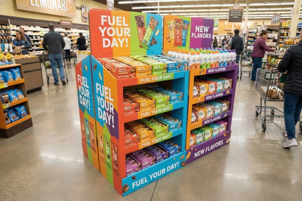 A vibrant retail display stand in a grocery store aisle, showcasing 'Healthy Snack Bars' and bottled 'New Flavors' beverages. The display is brightly colored with 'FUEL YOUR DAY!' branding, featuring various snack bar packaging and drinks. Customers with shopping carts are visible in the blurred background, navigating the supermarket aisle.