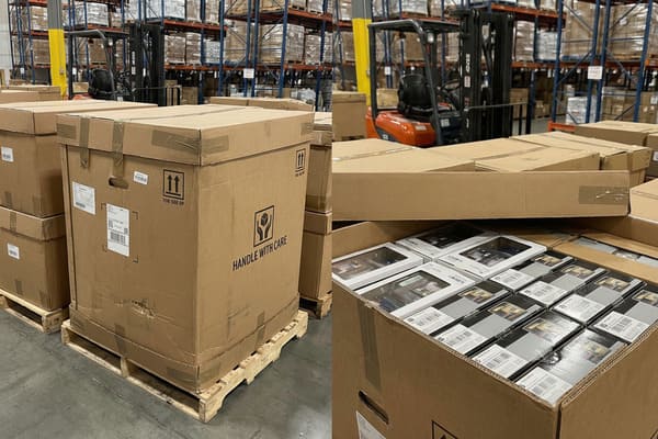 Cardboard shipping boxes stacked on wooden pallets in a bustling warehouse, featuring 'HANDLE WITH CARE' and 'THIS SIDE UP' labels. An open box reveals smaller, individually packaged products. In the background, industrial shelving units are filled with inventory, and a forklift is parked, indicating active logistics and storage operations.
