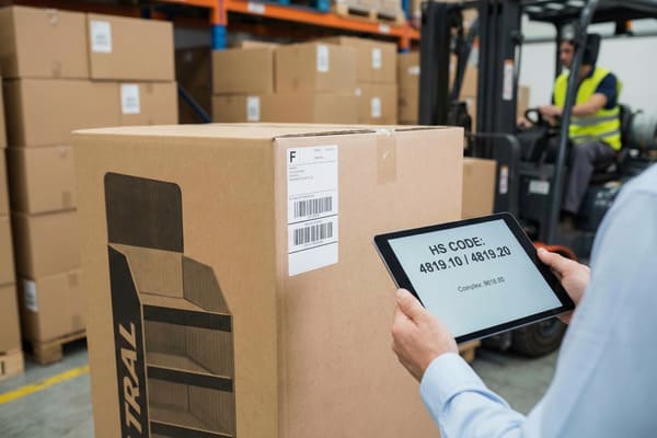 A person's hands holding a tablet displaying 'HS CODE: 4819.10 / 4819.20' next to a large cardboard shipping box with a barcode label. In the background, a warehouse setting with stacked boxes and a forklift suggests efficient logistics and customs compliance for international trade.