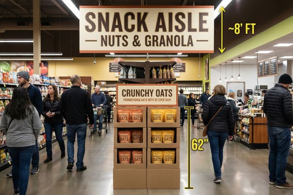 एक चहल-पहल वाली किराने की दुकान का नाश्ता गलियारा, जिसके ऊपर एक प्रमुख साइन बोर्ड प्रदर्शित है