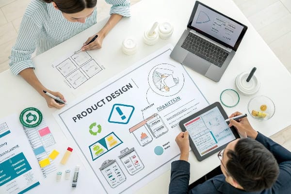 Dois designers que trabalham no layout de embalagens de produtos para bebês e no design da etiqueta em uma mesa