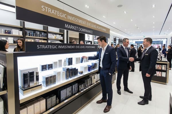 Businessmen in a luxury retail store, one inspecting Dior fragrance products on a glowing display, while two others shake hands. Signs above promote 'Strategic Investment: Eye Level Positioning' and 'Market Dominance' for retail merchandising.