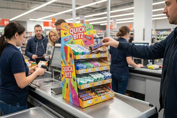 A male customer in a dark blue jacket reaches for a Snickers chocolate bar from a colorful, multi-tiered 'Quick Bitz' point-of-sale display at a busy supermarket checkout. A female cashier in a navy polo shirt is scanning items on the left, while other customers, including a man and a woman, wait in line behind the first customer. The display is filled with various impulse buy items like Snickers, Energy bars, and Mint candies, with prices visible on the shelves. The bright interior of the grocery store is visible in the background.