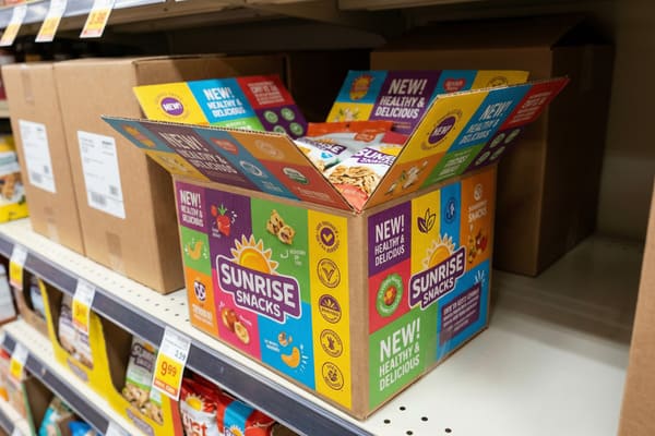 An open, colorful cardboard display box for 'Sunrise Snacks' on a grocery store shelf, featuring 'NEW! HEALTHY & DELICIOUS' branding. The box contains individual bags of snacks, with other brown boxes and price tags visible in the background of the supermarket aisle.