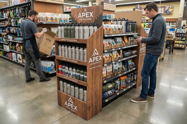 A prominent 'APEX PROVISIONS' branded retail display, constructed from wood-grain textured corrugated cardboard, stands in a brightly lit grocery store aisle. The multi-tiered display features numerous silver and olive green insulated water bottles, alongside shelves stocked with packaged outdoor snacks and compact camping equipment, including rolled sleeping bags. To the left, a store employee wearing an apron unpacks a 'APEX PROVISIONS' delivery box, while on the right, a male shopper in a grey fleece jacket and blue jeans inspects a green water bottle from the display. The background reveals typical supermarket shelving with various products.