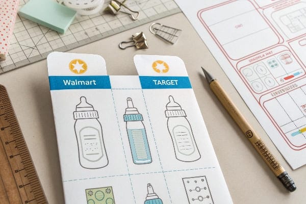 Close de conceitos impressos de embalagem de garrafas de bebê para Walmart e Target, cercado por ferramentas de design