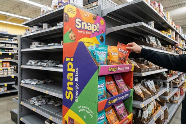 A shopper's hand selects a red pouch of Snap! Energy Bites from a prominent, multi-tiered point-of-sale cardboard display in a brightly lit grocery store aisle. The vibrant display features the 'Snap! Energy Bites' logo in yellow, colorful geometric patterns in red, orange, yellow, green, blue, and purple, and appetizing illustrations of energy bites, almonds, and chocolate chips. Multiple flavors of Snap! Energy Bites, packaged in teal, orange, red, and purple pouches, are neatly arranged on the shelves of the display, with other retail shelving and products visible in the background.