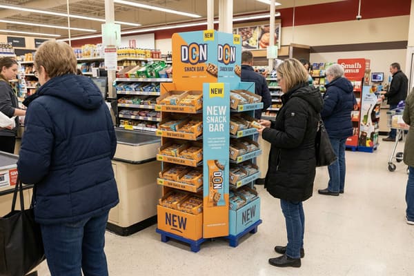 A woman in a black winter coat and jeans examines a 'NEW DON SNACK BAR' display in a brightly lit grocery store aisle, holding one of the orange-packaged snack bars. The prominent blue and orange display features multiple shelves filled with 'DON SNACK BAR' products. In the background, other shoppers are visible, including a woman in a blue coat at a checkout counter and various product shelves lining the store.