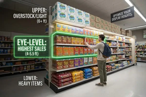 A man in a grocery store aisle examines cereal boxes on shelves, illustrating optimal product display heights for retail sales. The image highlights three distinct zones: 'UPPER: OVERSTOCK/LIGHT (6+ ft)' displaying paper towels, 'EYE-LEVEL: HIGHEST SALES (4-5.5 ft)' featuring various cereal brands like Reese's Puffs and Cheerios (where the man is reaching), and 'LOWER: HEAVY ITEMS' with large bags of pet food. A sign hanging from the ceiling reads 'OPTIMIZE YOUR DISPLAY HEIGHTS,' emphasizing the strategic placement for maximizing sales.