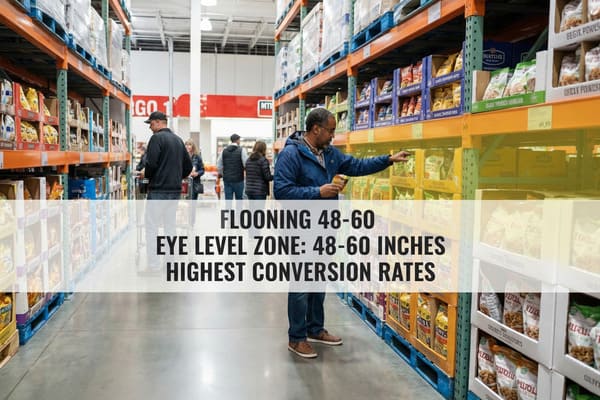 An African American man in a blue jacket and glasses selects a bag of snacks from an eye-level shelf in a large warehouse store, illustrating the 