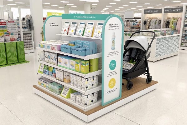 Exibição de prateleira de varejo com produtos para bebês e um carrinho em um ambiente moderno de loja