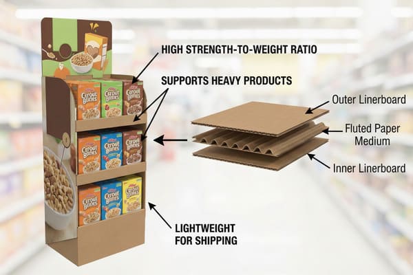 A corrugated cardboard retail display stand in a supermarket aisle, showcasing multiple boxes of Kellogg's Cerout Buries cereal. To the right, an exploded diagram illustrates the layers of corrugated cardboard: outer linerboard, fluted paper medium, and inner linerboard. Text overlays highlight key benefits: high strength-to-weight ratio, supports heavy products, and lightweight for shipping.