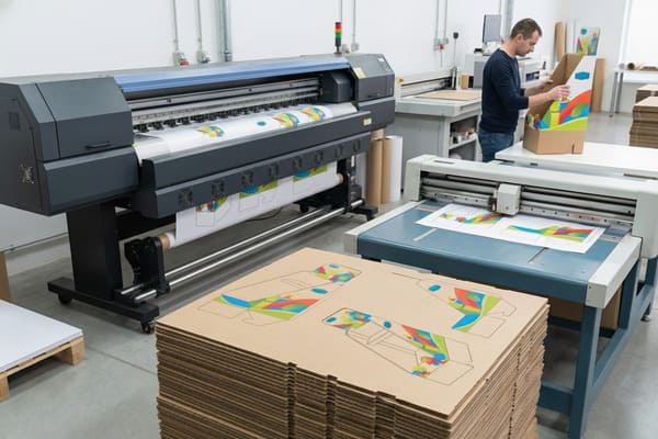 A man assembles a colorful cardboard display box in a modern printing and packaging facility, with a large format digital printer producing vibrant designs on a roll of paper and a cutting plotter processing printed sheets, showcasing custom packaging production.