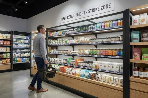 A man in a grey sweater and blue jeans holds a black shopping basket while browsing a well-lit aisle in a modern health food store or grocery. The shelves are stocked with various health products, supplements, and packaged organic foods, with a prominent sign overhead stating 'IDEAL RETAIL HEIGHT - STRIKE ZONE'. Refrigerated display cases with beverages and other items are visible in the background, highlighting a clean and organized retail environment.