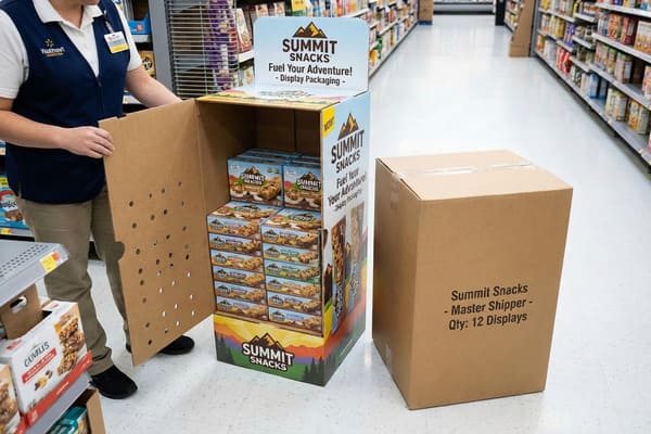 A Walmart employee in a blue uniform vest assembles a new 'Summit Snacks' granola bar display in a grocery store aisle. The cardboard display is filled with multiple boxes of 'Summit Snacks Granola Bars', featuring a mountain logo and the slogan 'Fuel Your Adventure!'. Next to the display is a large brown shipping box labeled 'Summit Snacks - Master Shipper - Qty: 12 Displays'. The background shows blurred shelves of other products.