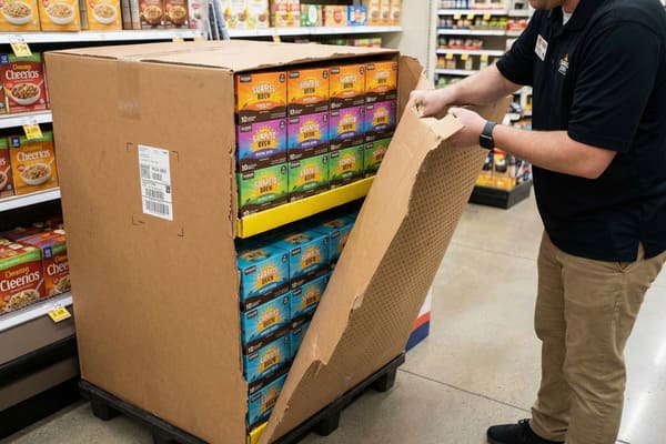 A store employee, wearing a black polo shirt and khaki pants, carefully unboxes a large cardboard display unit filled with 'Sunrise Brew' coffee pods in a grocery store aisle. The display box contains multiple colorful smaller boxes of coffee, stacked on internal shelves, ready for retail. Cereal boxes like Cheerios are visible on shelves in the background.