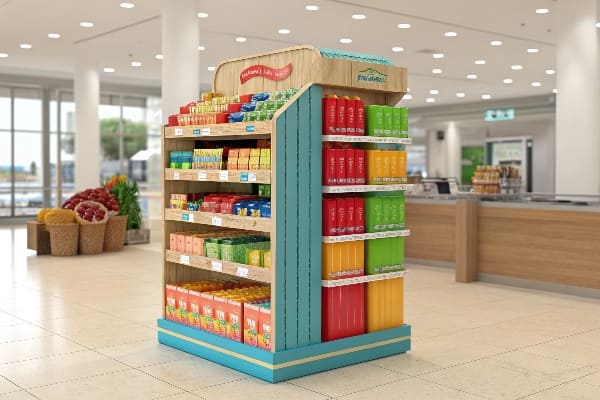 estante de pantalla corrugado con productos